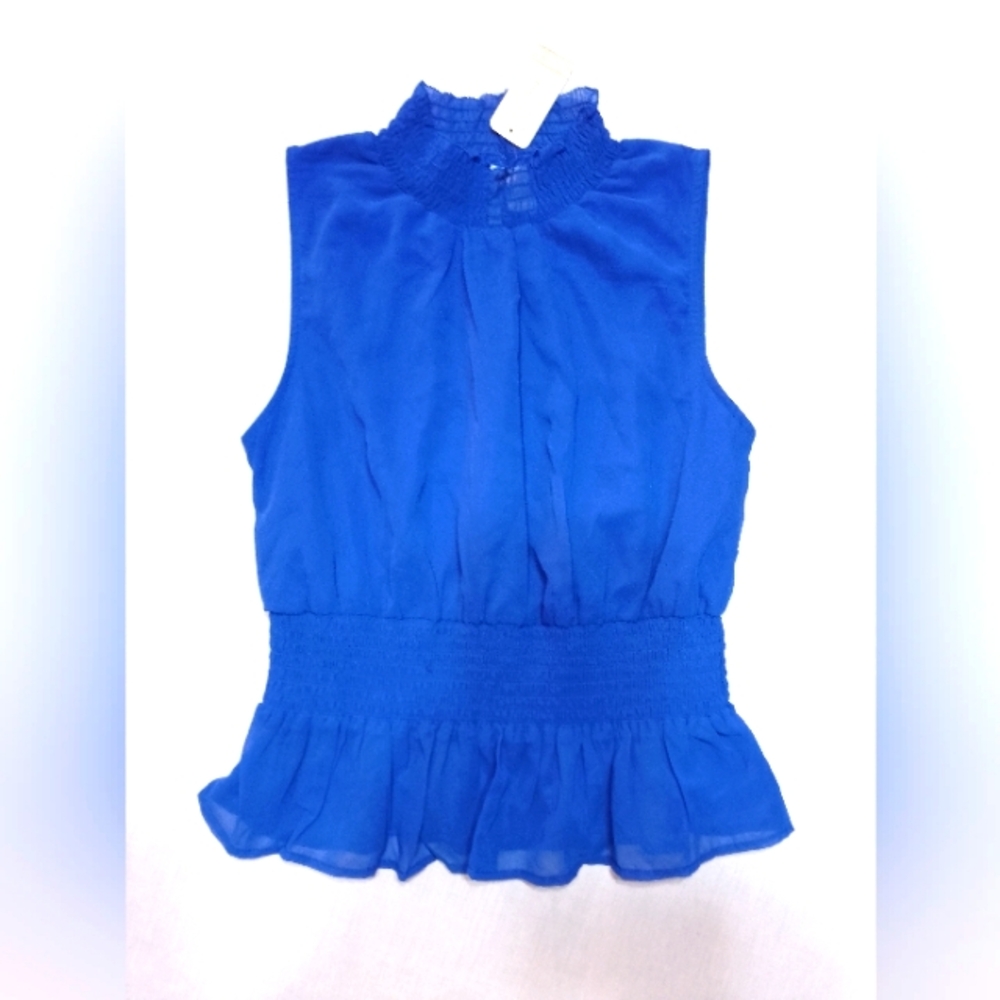 NWT Japan Blue Sleeveless Blouse Elastic Ruffle Neckline